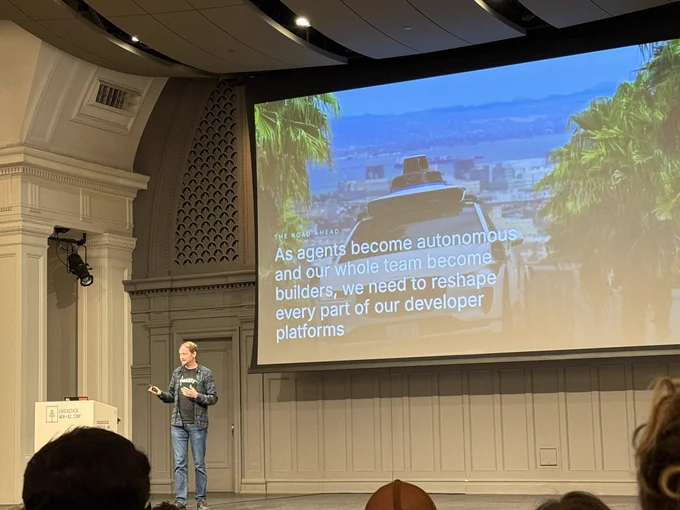 Matt presenting, slide about how everyone becomes builders and we need to reshape developer platforms