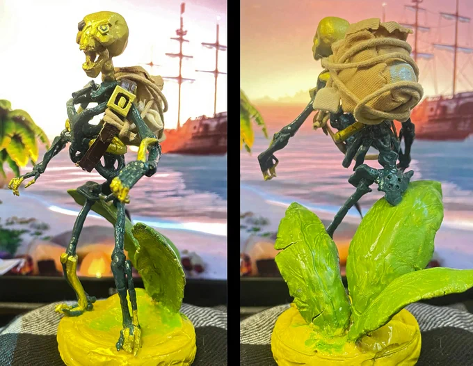 A handmade model of the blue and gold Ancient Skeleton from Sea of Thieves.