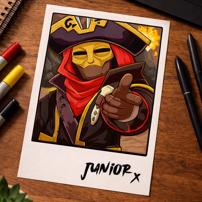Artwork of the Servant of the Flame from Sea of Thieves in a cartoon style, as if he's taken a Polaroid picture of himself.
