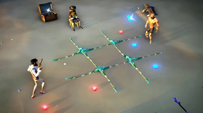 A screenshot of Sea of Thieves showing some pirates who have used weapons and gems to play a game of tic-tac-toe.