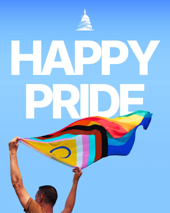 A person holding a Progress Pride flag against a clear blue sky. Large white text reads "HAPPY PRIDE" above, with an icon of the MI Capitol dome.