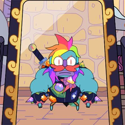 Jorj from Grindstone using the Pride Hair, wearing the Rainbow Armor.
