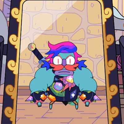 Jorj from Grindstone using the Bi Pride Hair, wearing the Rainbow Armor.