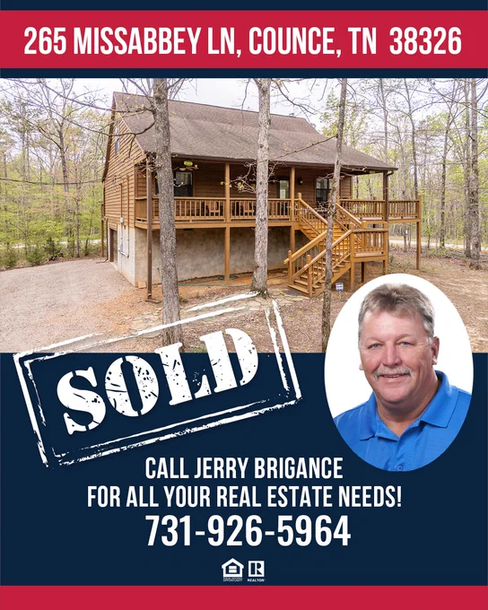 A promotional image for a sold log cabin, featuring realtor contact details and a portrait. It conveys success and professional real estate service.