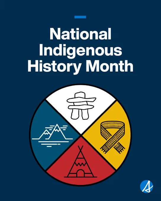 Image shows a medicine wheel on a navy blue background. Text reads National Indigenous History Month. The Alberta government logo is in the bottom right corner. 