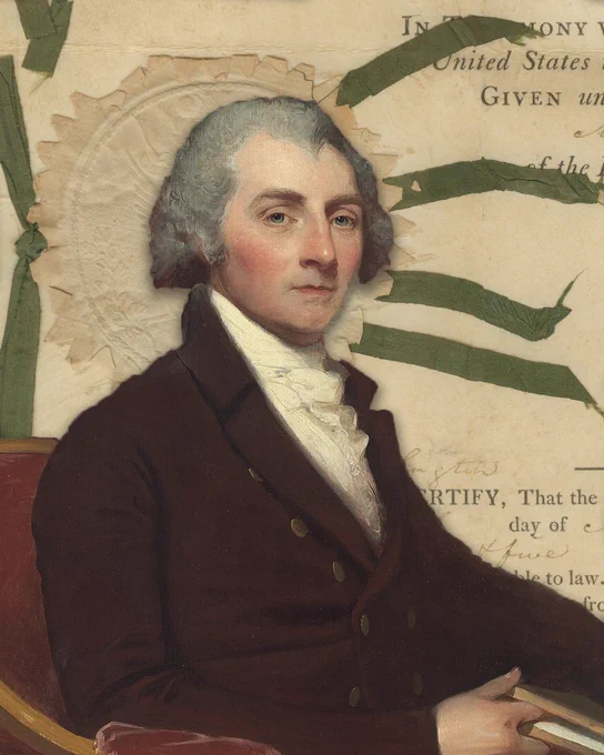 This image features a historical portrait of a person with powdered hair, dressed in formal 18th-century attire with a dark coat and white cravat. The background includes partially visible text, likely from a formal document, alongside decorative green ribbons.