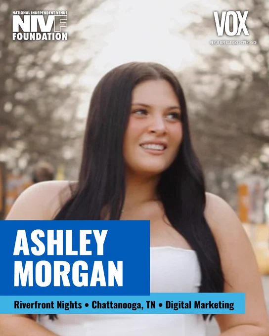 A promotional image featuring Ashley Morgan at a venue affiliated with NIVA Foundation and VOX. She is involved in digital marketing for Riverfront Nights in Chattanooga, TN.
