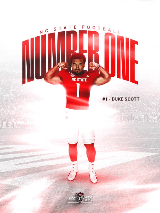 Running back Duke Scott wearing the number 1 jersey flexing his arms with Carter-Finley Stadium on gameday in the background. The image says "NC State Football Number One"