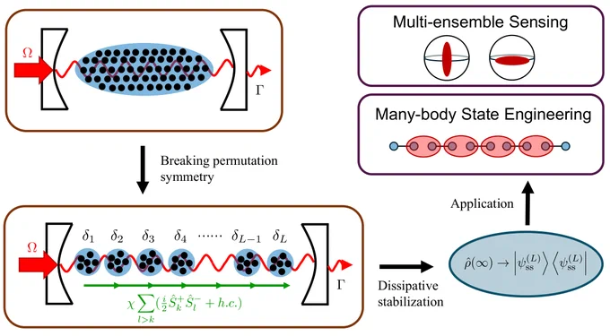 Figure showing a cavity quantum electrodynamics platform for reconfigurable many-body reservoir engineering. At top left is a schematic that shows Ntot spins subject to Rabi drives and decay. An arrow labeled ‘breaking permutation symmetry’ points to another box showing different detunings. An arrow labeled ‘dissipative stabilization’ points from this box to a mathematical equation. Another arrow labeled ‘application’ points from this to representations of multi-ensemble sensing and many-body state engineering.