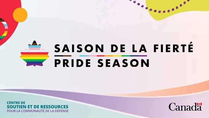 fr: Image avec des formes pop art colorées sur son contour. Une feuille d'érable aux couleurs de l’arc-en-ciel du drapeau de la Fierté progressiste, soit le noir, le brun, le bleu pâle, le rose pâle, le blanc, le rouge, l'orange, le jaune, le vert, le bleu et le violet, et les mots Saison de la Fierté Pride Season apparaissent au milieu. Le mot-symbole Canada se trouve dans le coin inférieur droit.
