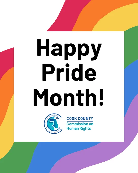 Happy Pride Month! A rainbow serves as the background for the image.