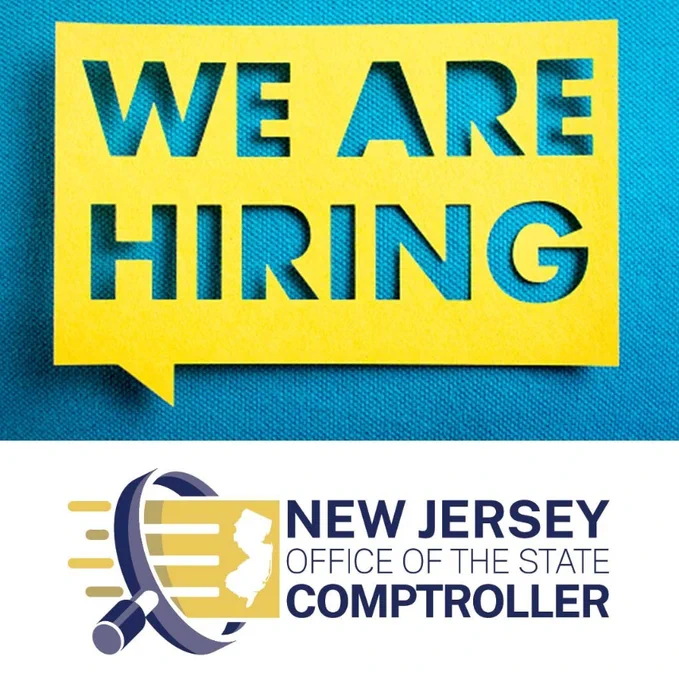Graphic: Cutout text on textured background. Text: We are hiring. 
Logo of the New Jersey Office of the State Comptroller
