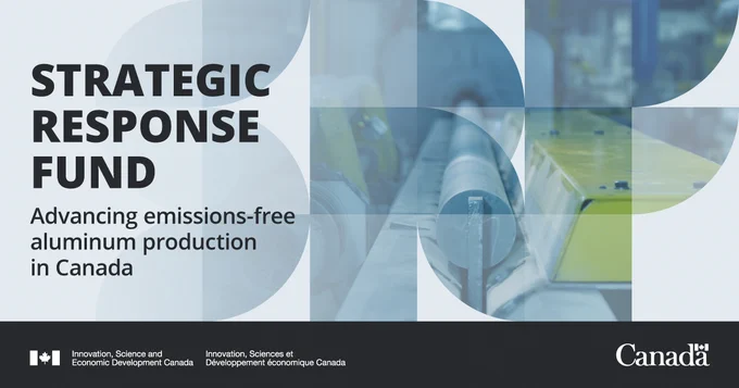 Close-up of aluminum rods in a factory. Text: Strategic Response Fund. Advancing emissions-free aluminum production in Canada.