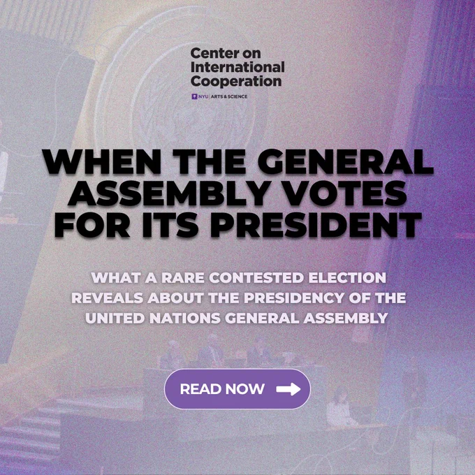 "When the General Assembly Votes for its President: What a Rare Contested Election Reveals About the Presidency of the United Nations General Assembly." CIC logo. "Read More -->" button in purple.