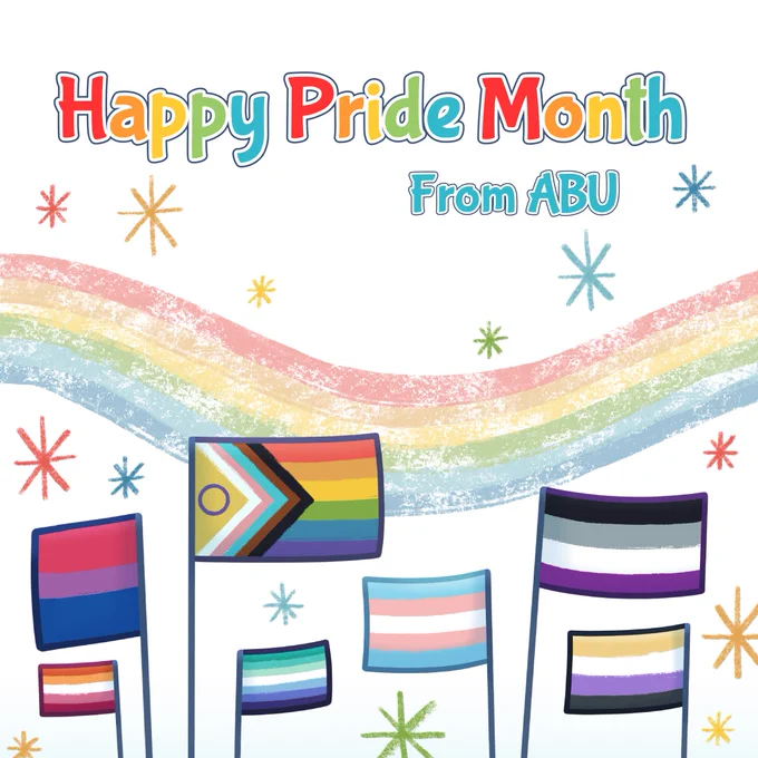 A graphic with many different pride flag representing the LGBTQ  community. A text at the top reads "Happy Pride Month. From ABU"