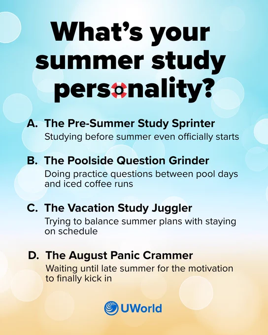 Text image titled 'What's your summer study personality?' with four options: A - The Pre-Summer Study Sprinter, B - The Poolside Question Grinder, C - The Vacation Study Juggler, D - The August Panic Crammer. Each option includes a brief description. UWorld logo at the bottom.