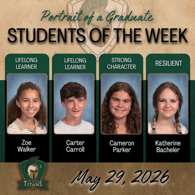 A collage of four student portraits with "Students of the Week" heading. Categories include Lifelong Learner, Strong Character, and Resilient.