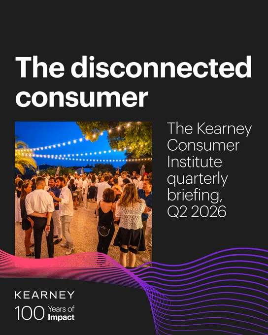 A large outdoor gathering with people socializing under string lights at dusk. The event is titled "The disconnected consumer." Text mentions "The Kearney Consumer Institute quarterly briefing, Q2 2026." A purple wave design is at the bottom with "Kearney 100 Years of Impact.