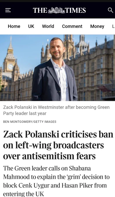 Zack Polanski criticises ban on left wing broadcasters over Antisemitism fears 