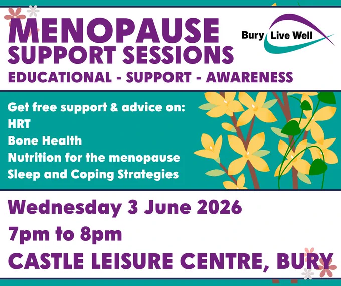 Menopause support sessions offering free advice on HRT, bone health, nutrition, sleep, and coping strategies on June 3, 2026, at Castle Leisure Centre, Bury.