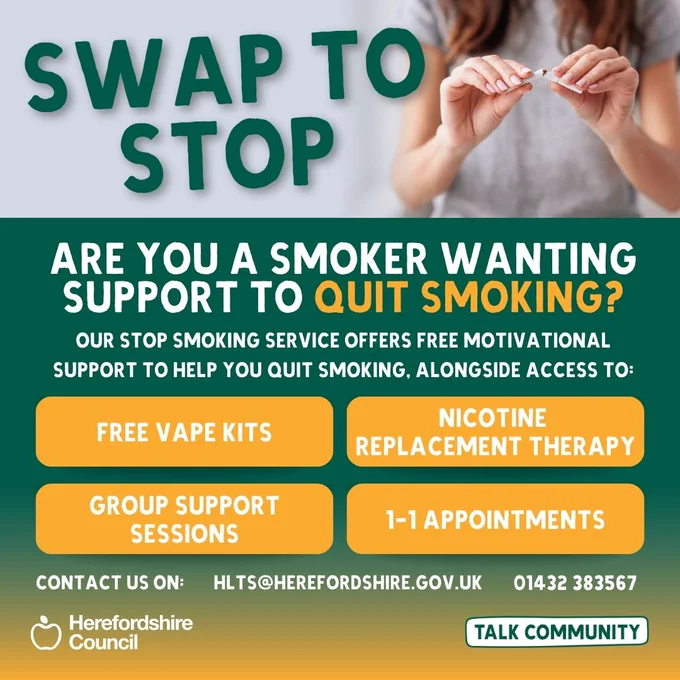 Poster for Herefordshire Council's stop smoking service, offering free vape kits, nicotine replacement therapy, group sessions, and 1-1 appointments.