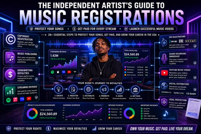 The Ultimate Guide to Music Registrations for Independent Artists: 20  Essential Steps to Protect Your Songs, Get Paid for Every Stream, and Launch Successful Music Videos in the USA.

If you're an independent artist or band and pouring your heart into tracks and music videos, you already know the grind doesn't stop at the studio. Once the beat drops and the visuals are edited, the real work begins: making sure you actually own your music, get proper credit everywhere, and most importantly … collect every single royalty from streams, downloads, radio plays, YouTube views, and beyond : 
https://www.rivevideo.com/post/the-ultimate-guide-to-music-registrations-for-independent-artists-20-essential-steps-to-protect-yo

RiveVideo.com

Rive Music Video Distribution, Submission, Production, Promotion, & PR Services for Independent Artists, Bands, and Record Labels

RiveVideo.com
Kim@RiveVideo.com 908-455-8999
John@RiveVideo.com 908-601-1409
