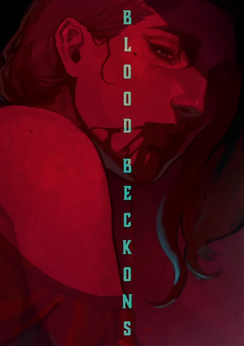 Etel gazes at the voyeur with an expression of apathy and interest. Blood trickles down her chin. The vertical text reads “BLOOD BECKONS”.