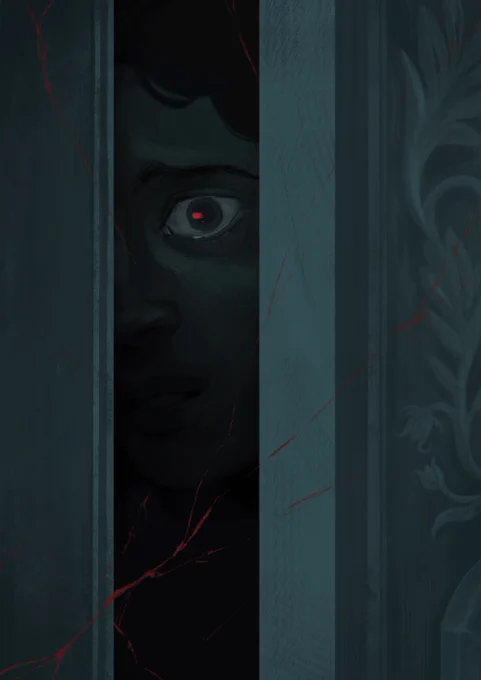 A woman peeks through a door left ajar. Fear and curiosity dampen her eye. A thin crack, like lightning, snakes across the image.