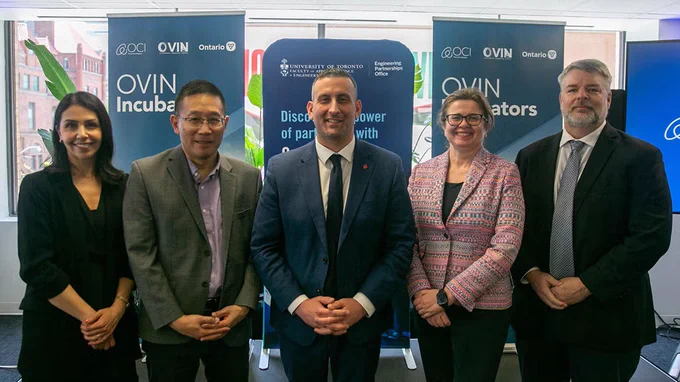 From left: Mona Eghanian, assistant vice-president, Ontario Centre of Innovation; Chris Yip, dean, U of T Faculty of Applied Science & Engineering; Raed Kadri, head of OVIN; Claudia Krywiak, president and CEO, Ontario Centre of Innovation; Jim Banting, assistant vice-president of innovation, partnerships and Entrepreneurship at U of T (photo by Tyler Irving)