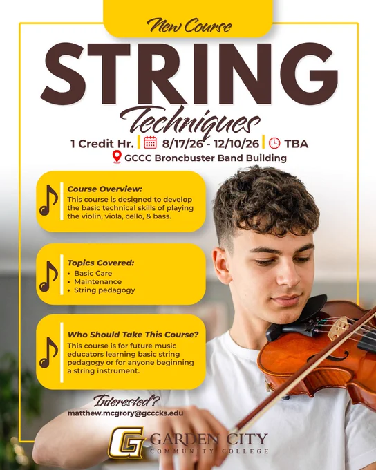 Student playing violin promoting a new string techniques course at Garden City Community College from August to December 2026.
