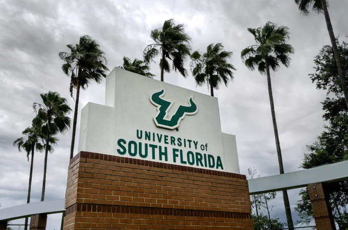 University of South Florida sign with the Bull U logo stands against a cloudy sky and tall palm trees.