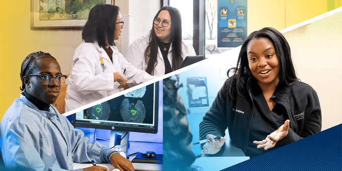 A collage of three photos: a man in a light blue lab coat works at a desk, with images of brain scans on the monitor next to him; a physician and medical student look at each other while holding a tablet computer; and a physician speaks to her patient.