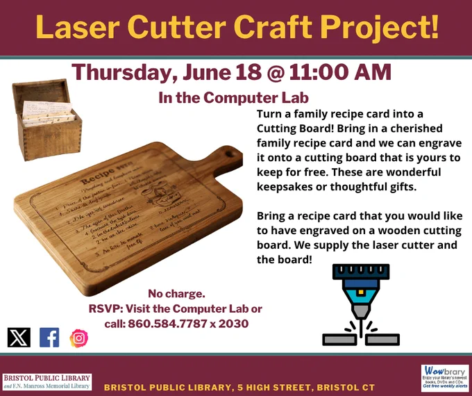 Image Description: A promotional graphic for a June makerspace craft program in our Computer Lab. Most info is contained in the body text of the post. For more info, contact the Lab.