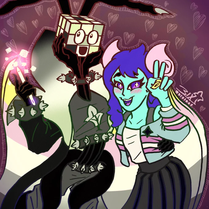 Bix is wearing an agender coloured version of their attired whilst Chloe is wearing a transgender cardigan. We are holding the Queerplatonic flag.