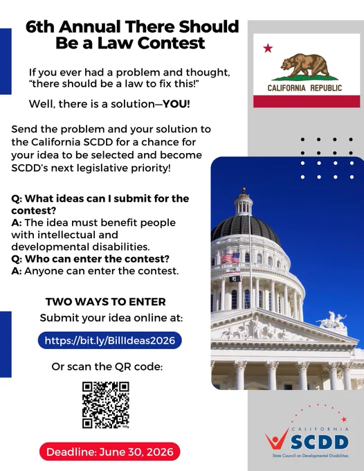 It's Baaaccckkkk!!! 

Enter the @CalSCDD 6th Annual “There Should Be a Law!” Contest!

✅ Submit online: http://bit.ly/BillIdeas2026

📱 Or scan the QR code on the flyer

🗓 Deadline: June 30, 2026

Your idea could become SCDD’s next legislative priority!