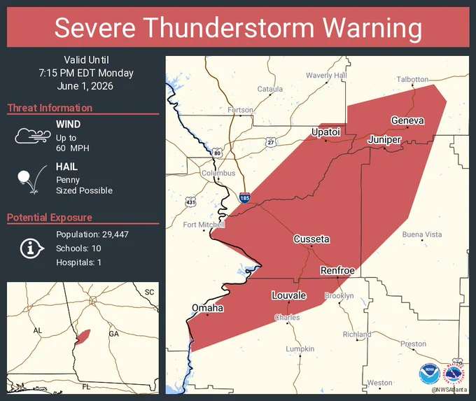 This graphic displays a severe thunderstorm warning plotted on a map. The warning is in effect until 7:15 PM EDT. The warning includes Geneva GA, Cusseta GA and Renfroe GA.  This warning is for Harris County Is Cancelled. The threats associated with this warning are wind gusts up to 60 MPH and penny sized hail. There are 29,447 people in the warning along with 10 schools and 1 hospital.