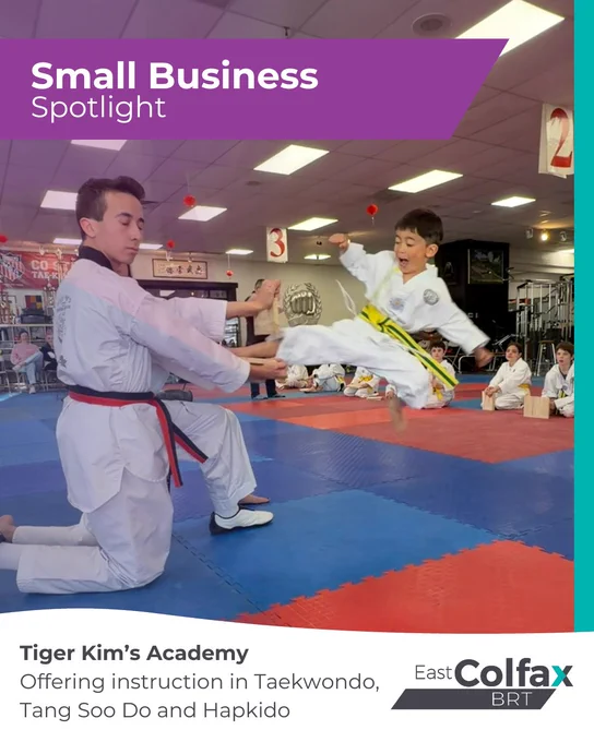 Young student performs flying kick breaking a board held by an instructor. Text overlay reads "Tiger Kim's Academy. Offering instruction in Taekwondo, Tang Soo Do and Hapkido"