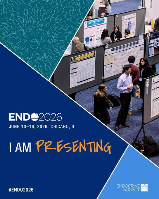 Promotional graphic for the Endocrine Society's ENDO 2026 conference. The image features a photograph of a scientific poster session, with researchers and attendees standing in a large conference hall discussing research posters displayed on presentation boards. Overlaid geometric blue and teal shapes frame the image. Text reads: “ENDO 2026,” “June 13–16, 2026, Chicago, IL,” and “I Am Presenting” in large white and orange lettering. The Endocrine Society logo appears in the lower right corner, and the hashtag #ENDO2026 is displayed at the bottom left.