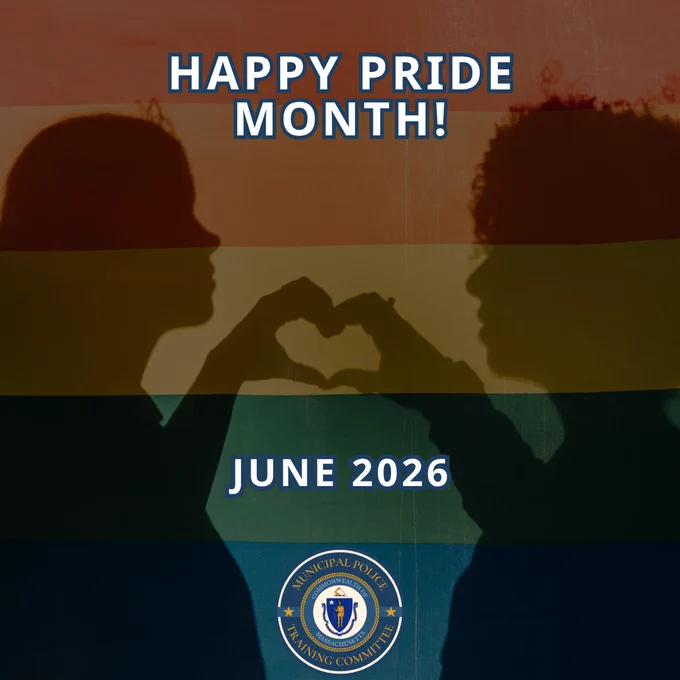 Silhouetted hands forming a heart on a colorful Pride flag, accompanied by June 2026 and a municipal police training committee emblem.