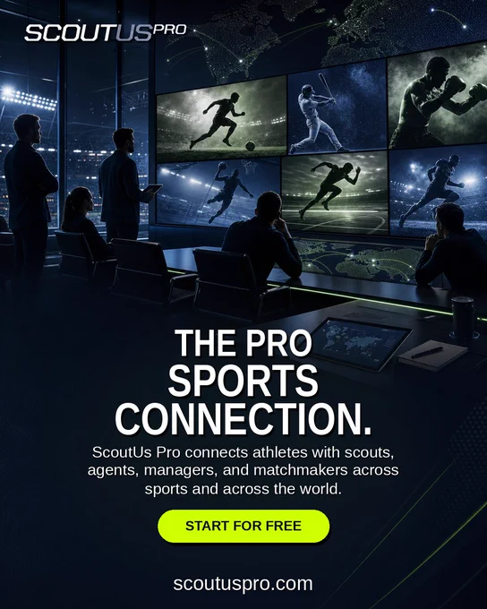 An advertisement for ScoutUs Pro showcasing a futuristic sports scouting concept with silhouettes of athletes on large screens. The mood is innovative and professional.