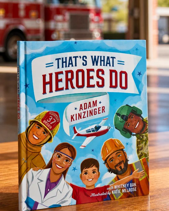 Cover of the book titled "That's What Heroes Do" by Adam Kinzinger. It features illustrated figures of a firefighter, scientist, aviator, and construction worker.
