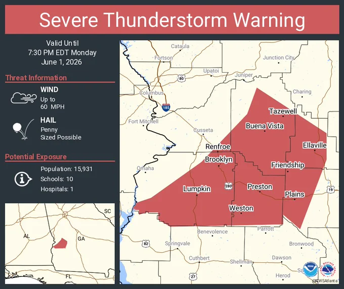 This graphic displays a severe thunderstorm warning plotted on a map. The warning is in effect until 7:30 PM EDT. The warning includes Lumpkin GA, Buena Vista GA and Ellaville GA.  This warning is for South Central Talbot and Southwestern Taylor Counties Is Cancelled. The threats associated with this warning are wind gusts up to 60 MPH and penny sized hail. There are 15,931 people in the warning along with 10 schools and 1 hospital.