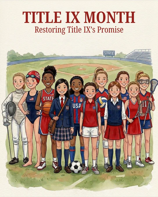 Group of young female athletes in various sports uniforms standing together on a baseball field under the banner 'Title IX Month: Restoring Title IX’s Promise'.