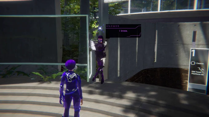 1000xRESIST screenshot. Knower is leaning back on a wall and saying, "I know." She's facing Watcher. 