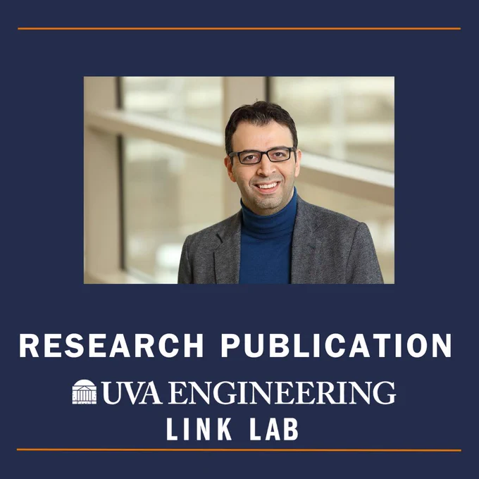 Graphic featuring a centered professional headshot of UVA Link Lab faculty member Osman Ozubult wearing glasses, a dark blazer, and a blue turtleneck, positioned against a softly blurred indoor background with large windows. The design has a navy blue background with thin orange accent lines near the top and bottom. Below the image, large white text reads “RESEARCH PUBLICATION,” followed by the UVA Engineering logo and the words “UVA Engineering Link Lab.”