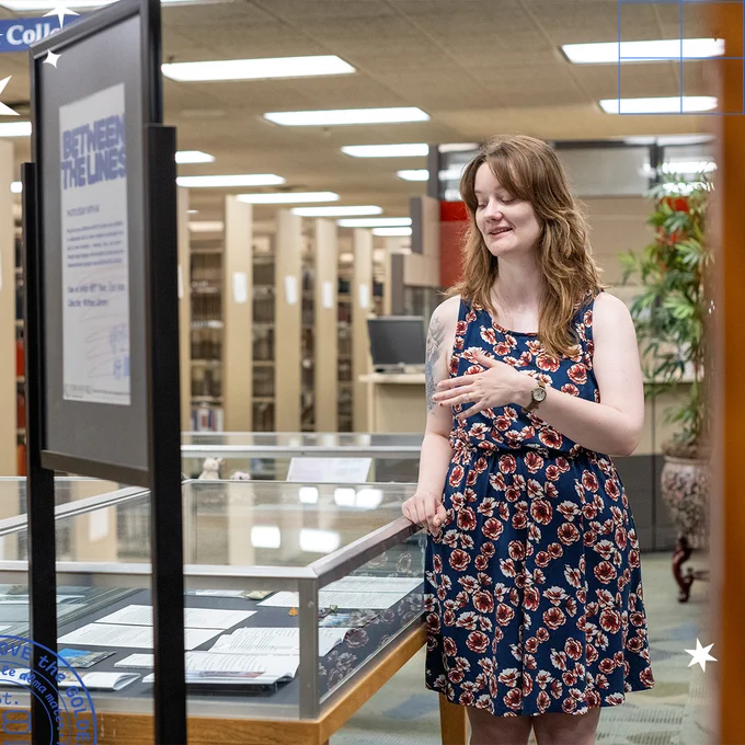 Daphne Tibbetts talks about an exhibit she created a display for in Watson Library's East Asian Collection.