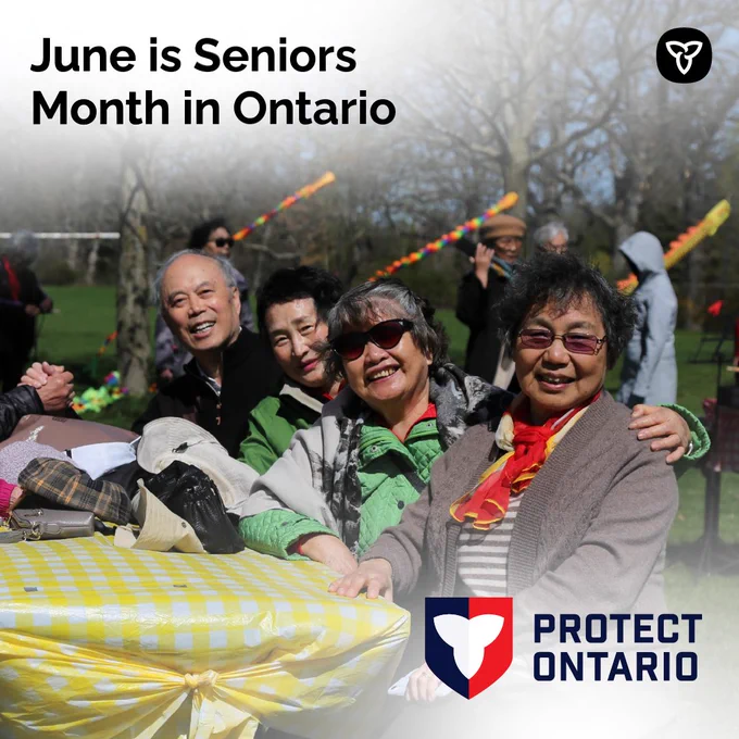A group of seniors smiling outside. Text reads: June is Seniors Month in Ontario.