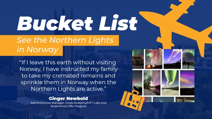 Bucket List
See the Northern Lights in Norway

"If I leave this earth without visiting Norway, I have instructed my family to take my cremated remains and sprinkle them in Norway when the Northern Lights are active."

Ginger Newbold
Administrative Manager, Gross Anatomy/HFT Labs and Anatomical Gifts Program