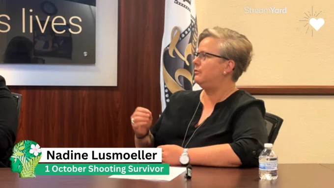 Nadine Lusmoeller, a Route 91 survivor, speaks during the Resiliency & Justice Center's May 2023 "Community Town Hall on Ways to Cope with News about Mass Violence & Other Tragedies"