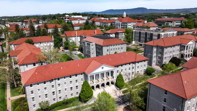 Image of JMU's campus looking up the Quad to Wilson Hall. 